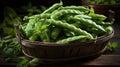 Sugar snap peas with mint on wood background, Fresh green peas