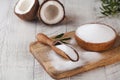 Sugar substitute in a wooden bowl on a background of coconut. Natural sweetener. Stevia, erythritol. Royalty Free Stock Photo