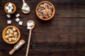 Sugar types. Cane, refind, granulated, cubes, candy sugar. Dark wooden background top view copy space