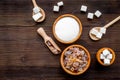 Sugar types. Cane, refind, granulated, cubes, candy sugar. Dark wooden background top view copy space