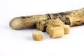 Sugar cane cut, Sugarcane burn, Cane, piece of sugar cane cut, heap of peeled cane, Sugarcane on white background