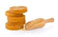 Sugarcane Hard Molasses or Jaggery and sugar in scoop