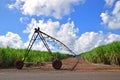 Sugarcane plantation field with gravel road and irrigation device in between