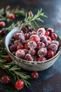 Sugared cranberries in a bowl with rosemary on a dark background