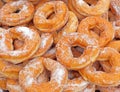 `Loucouma` Greek round donuts pile top view close up, food background