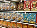 Sugary breakfast cereals on a store shelf