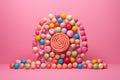 Sugary delights showcased on a pink background, lollipop and candy