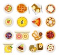 Sugary Desserts with Cheesecake, Tartlet, Pie, Waffle and Rolled Cake Served on Plate Big Vector Set