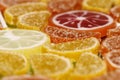 Sugary marmalade like lemon and orange slices with lollipops. Closeup macro candy background Royalty Free Stock Photo