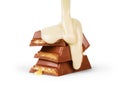 Suger milk pouring on chocolate bar isolated Royalty Free Stock Photo