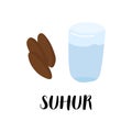 Suhur ramadan breakfast with water and dates. Muslim fasting family illustration.