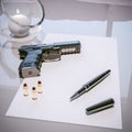 Suicide letter with handgun, bullets, pen and candle on the table Royalty Free Stock Photo