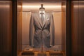 Suit in a showcase of a luxury store. Men elegant clothing glass display case Royalty Free Stock Photo