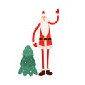 Funny cartoon Santa Claus standing with a Christmas tree and waving his hand on white background. Royalty Free Stock Photo