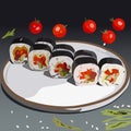 Sushi on a plate on a gray background. Appetizing and delicious sushi.