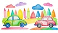 Childlike Drawing of Cars, House, Tree, Sun Illustration, Colorful Chalk on White Background