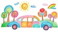Childlike Drawing of Cars, House, Tree, Sun Illustration, Colorful Chalk on White Background