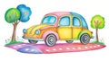 Childlike Drawing of Cars, House, Tree, Sun Illustration, Colorful Chalk on White Background