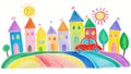 Childlike Drawing of Cars, House, Tree, Sun Illustration, Colorful Chalk on White Background