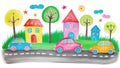 Childlike Drawing of Cars, House, Tree, Sun Illustration, Colorful Chalk on White Background