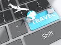 suitcase, airplane and earth on computer keyboard. Travel concept Royalty Free Stock Photo