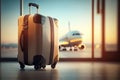 Suitcase in airport departure lounge, airplane in background. Travel concept. Generative AI Royalty Free Stock Photo