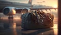 Suitcase at the airport, late afternoon. Travel concept