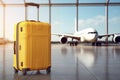 suitcase at airport plane. close up travel concept, summer vacation concept, traveler suitcases in airport terminal.