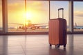 suitcase at airport plane. close up travel concept, summer vacation concept, traveler suitcases in airport terminal.