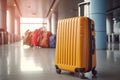 suitcase at airport plane. close up travel concept, summer vacation concept, traveler suitcases in airport terminal.