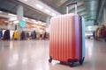 suitcase at airport plane. close up travel concept, summer vacation concept, traveler suitcases in airport terminal.