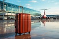 Suitcase on the background of an airplane at the airport, summer vacation concept Royalty Free Stock Photo