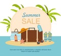 Suitcase and Beach Accessories on island. Summer sale, shopping Royalty Free Stock Photo