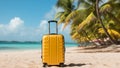 Suitcase on the beach background. Yellow travel luggage on white tropical sand near sea ocean. Summer holidays. Vacations trip.