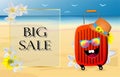 Suitcase on the beach. Summer discounts and sales banner. Vector illustration. Travel accessories