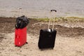 Suitcase on the beach	travel mood Royalty Free Stock Photo