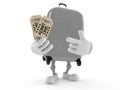 Suitcase character holding tickets