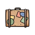 Suitcase comic style cartoon doodle image. Tour and travel logo. Media highlights graphic symbol