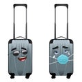 Suitcase cry in facemask and happy in sunglasses