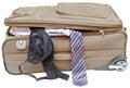 Suitcase with fell out male tie and female bra Royalty Free Stock Photo