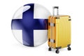 Suitcase with Finnish flag. Finland travel concept, 3D rendering