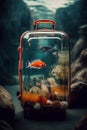 A suitcase with a fish tank inside of it. AI generative image Royalty Free Stock Photo