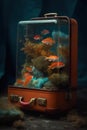 A suitcase with a fish tank inside of it. AI generative image Royalty Free Stock Photo