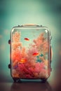A suitcase with a fish tank inside of it. AI generative image. Royalty Free Stock Photo