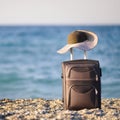Suitcase and hat on beach Royalty Free Stock Photo