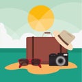 Suitcase hat glasses camera vacation summer travel icon.