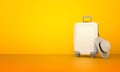 Suitcase with hat on orange abstract background. travel layout , 3d concept design