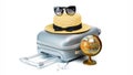 Suitcase isolated on white. Suitcase, sunglasses with toy plane, straw hat and globe in travel composition isolated on white Royalty Free Stock Photo