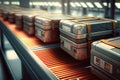 Suitcase on luggage conveyor belt at baggage claim area at airport terminal. Generative AI Royalty Free Stock Photo