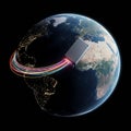 A suitcase with multi-colored light trails orbits Earth, highlighting Royalty Free Stock Photo